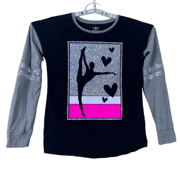 Dance Tee Shirt Long Sleeve Round Neck Glittery Ballerina Black Pink Girls 14 - Picture 15 of 15